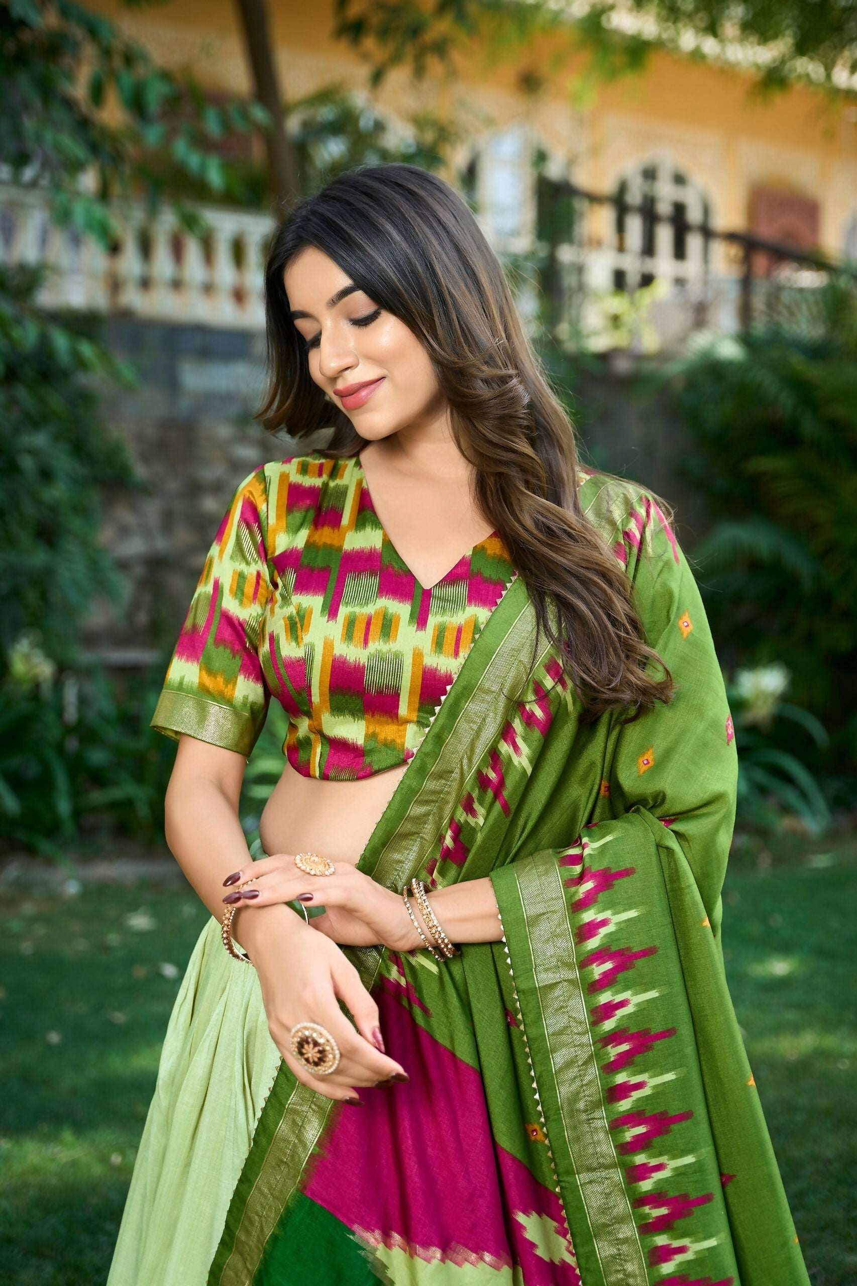 Vastranavya Printed and Foil Work Tussar Silk Lehenga with Unstitched Blouse - Pista