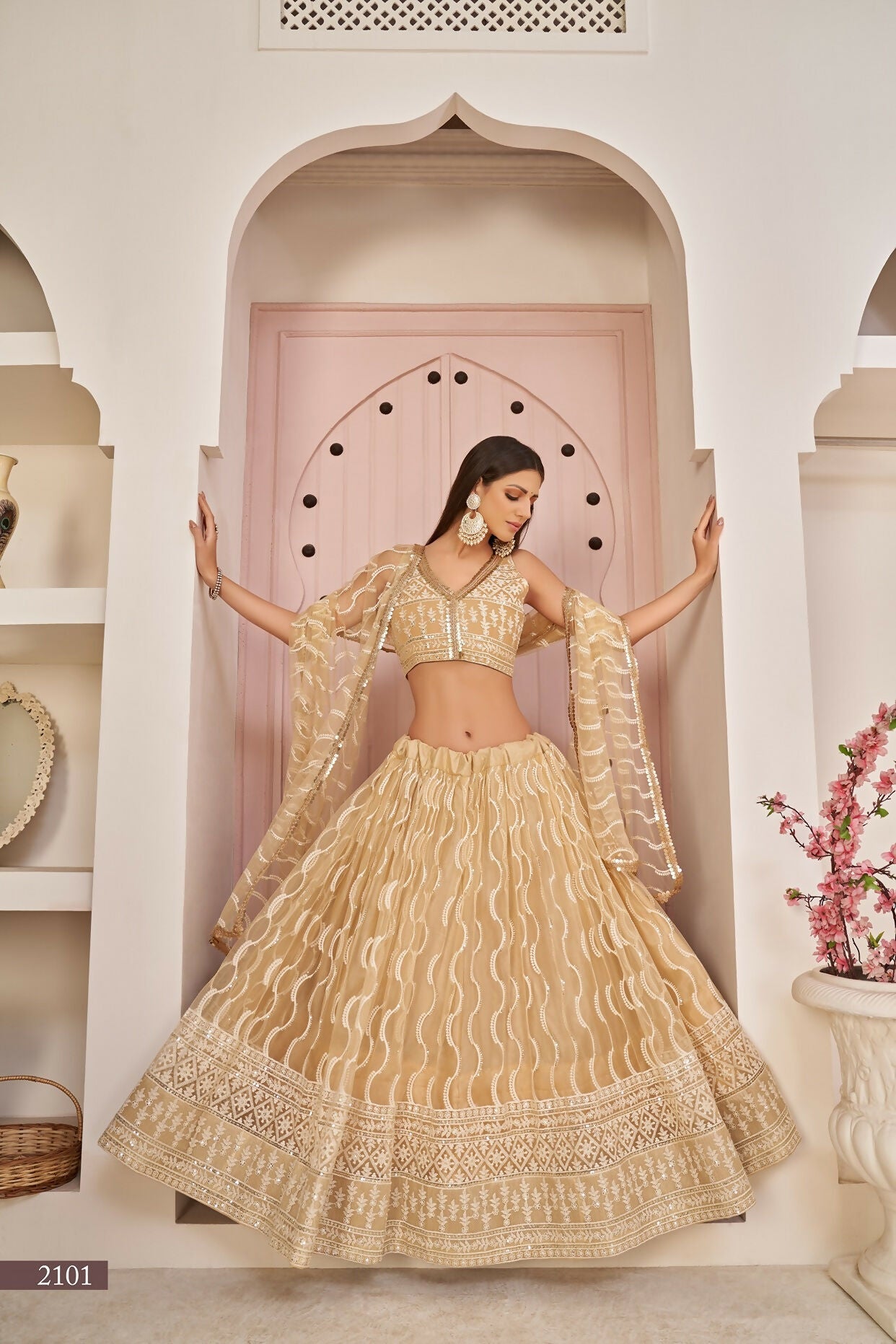 Eilara Women'S Beige Butterfly Net Thread Embroidered Work Designer Lehenga Choli