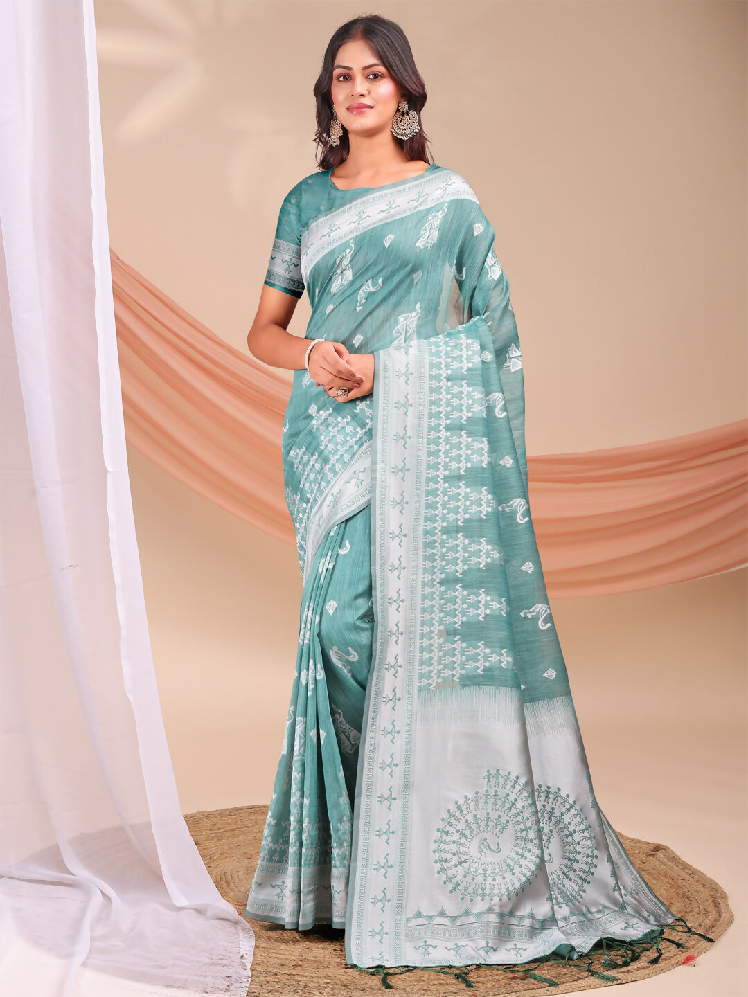 Shree Shyam Fashion Varnika Sea Green Linen Cotton Saree