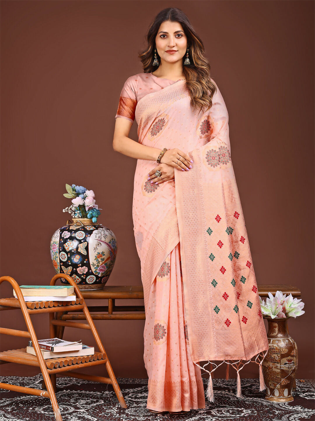Shree Shyam Fashion Neerja Peach Linen Cotton Saree