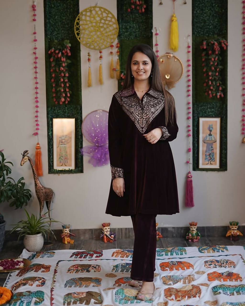 Vastranavya Purple Velvet Sequence Embroidery Work Top With Palazzo - Distacart