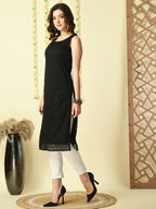 Myshka Women's Black Georgette Sleeveless Straight Party Kurta