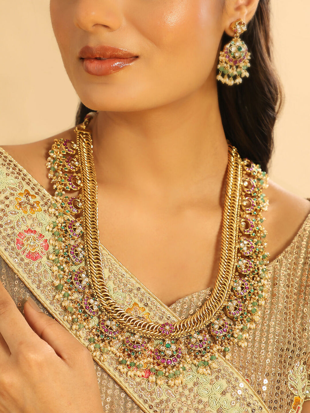 Nuyug 18K Gold Plated Estele Gold Tone Beaded Long Necklace Set