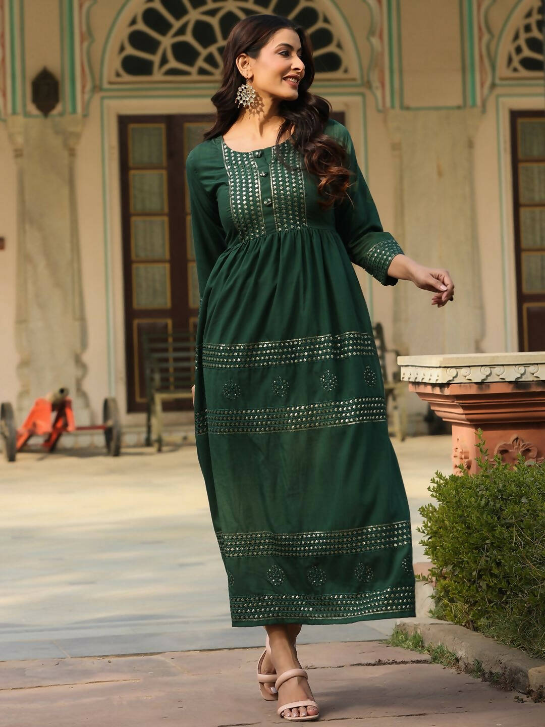 Juniper Women's Green Festive Embroiderd Flared Dress - Distacart