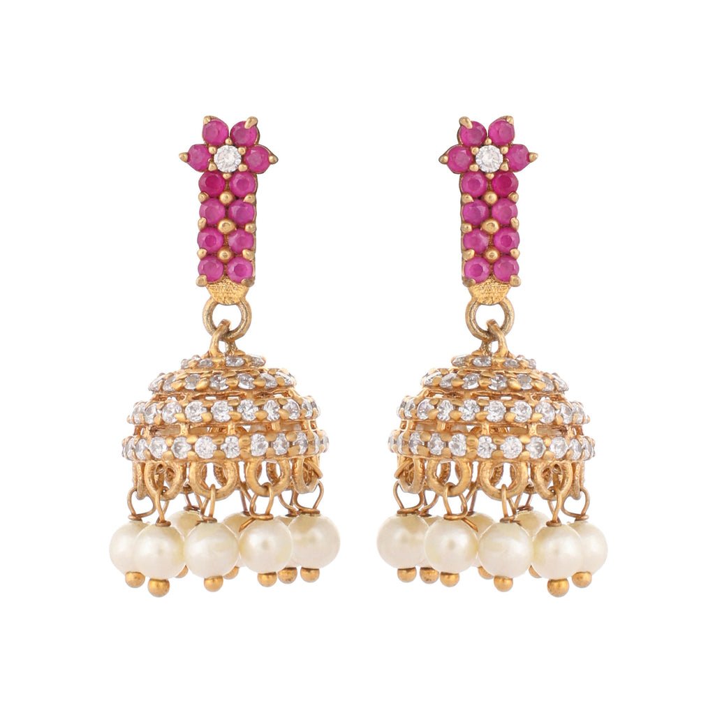 Nuyug 22K Gold Plated Pearl 7 Colored Stone Studded Contemporary Shaped Pink Mini Jhumkas - Distacart