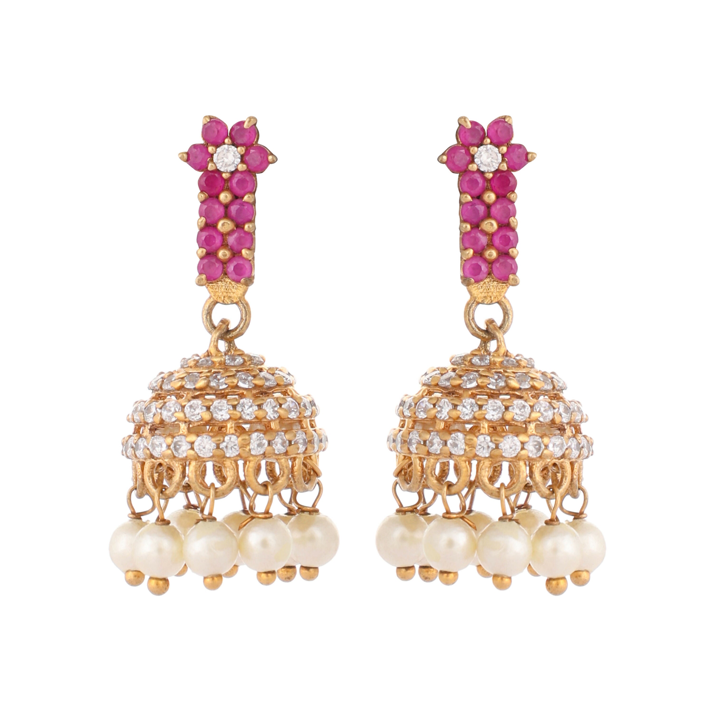 Nuyug 22K Gold Plated Pearl 7 Colored Stone Studded Contemporary Shaped Pink Mini Jhumkas - Distacart