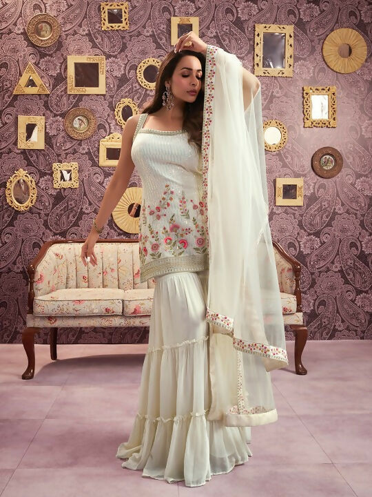 Vastranavya Malaika Arora Cream Georgette Embroidered Sequins Palazzo Suit