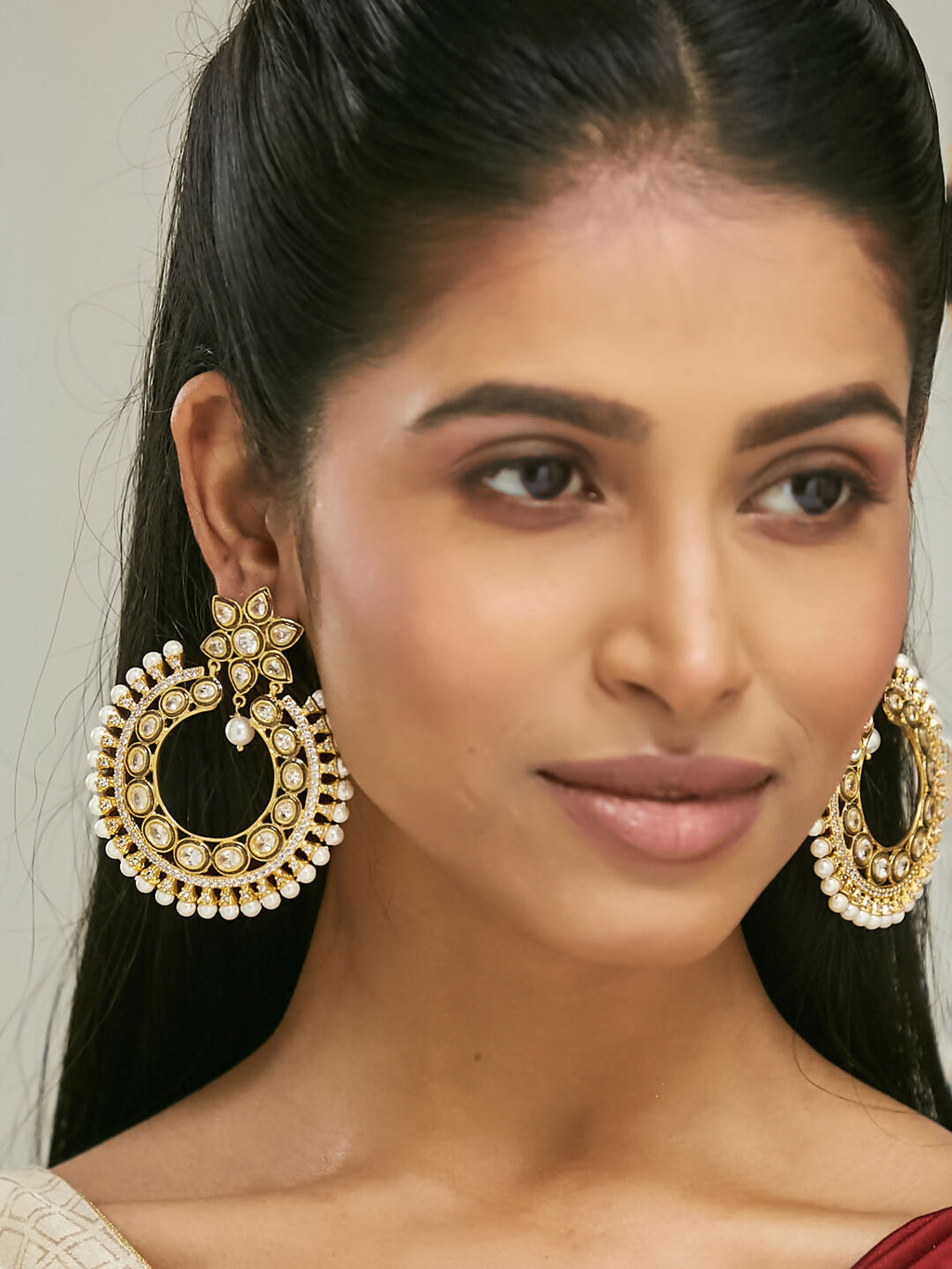 Nuyug 22K Gold-Plated Kundan Studded & Pearl Beaded Floral Chandbali Earrings - Distacart
