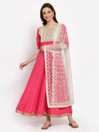 Myshka Women's Pink Solid Rayon 3/4 Sleeve Round Neck Casual Anarkali Kurta Dupatta Set