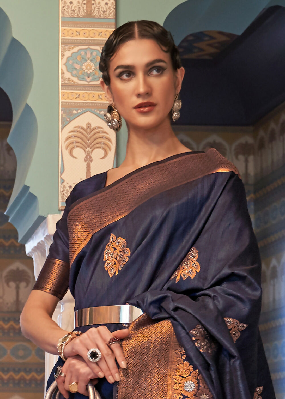 Navy Blue Tussar Banarasi Silk Designer Saree - Emponline