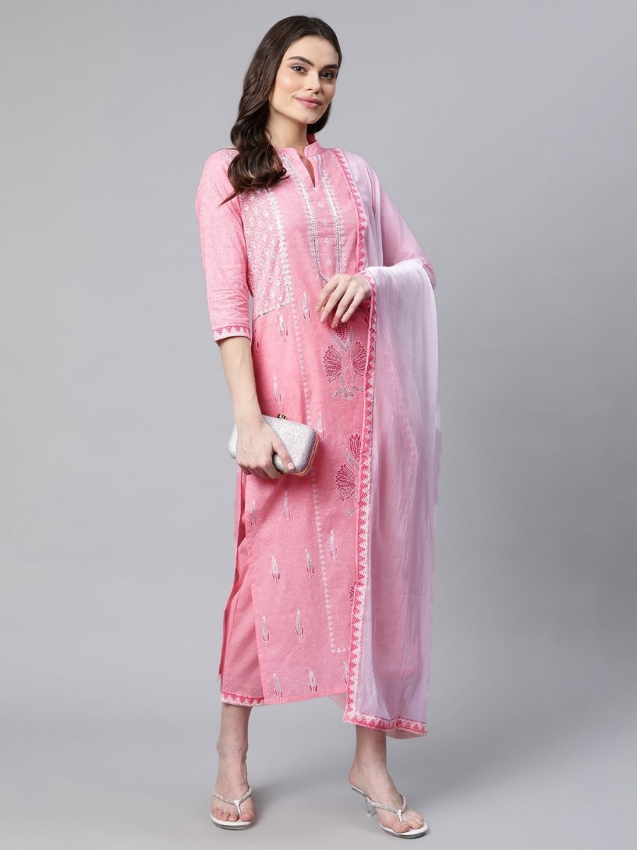 Ahalyaa Women Light Pink Colour Pure Cotton Printed Kurta Pant Set With Dupatta - Distacart