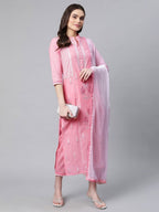 Ahalyaa Women Light Pink Colour Pure Cotton Printed Kurta Pant Set With Dupatta - Distacart
