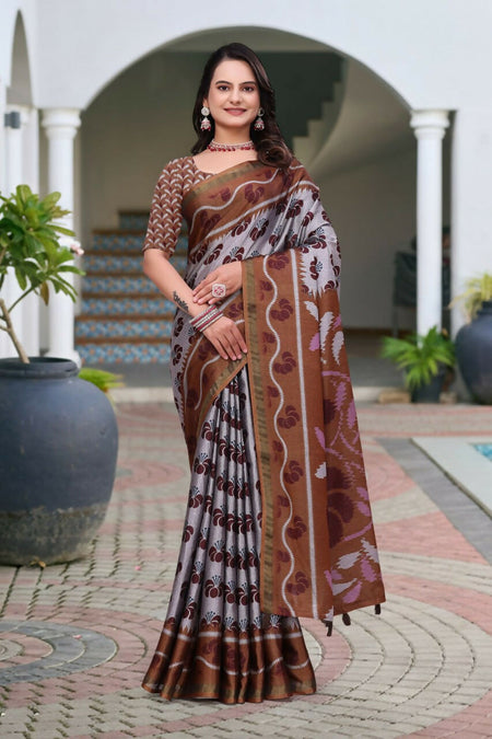 Prime Volt Women's Brown Printed Mal Cotton Saree with Designer Blouse Piece