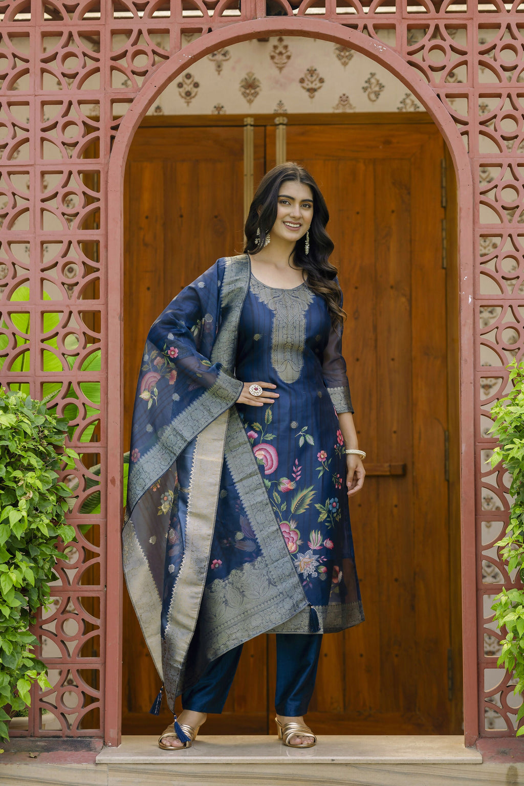 The52 Women's Beautiful Printed Work Jacquard Organza Fabric Straight Kurta Pant and Dupatta Set - Distacart