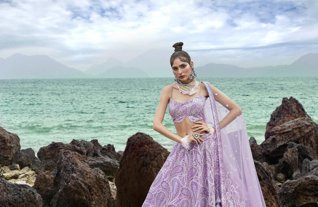 House of Panchhi Mauve Net Multi Sequins with heavy Zarkan embroidery Lehenga choli & Dupatta