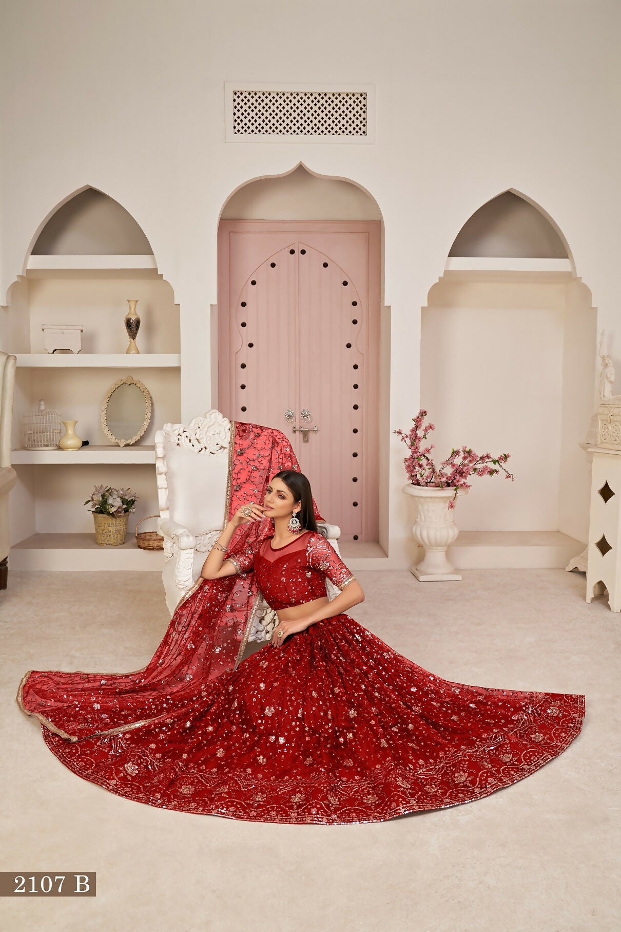 Eilara Women'S Red Butterfly Net Thread With Zari Sandwich Sequence Embroidered Work Lehenga Choli For Wedding