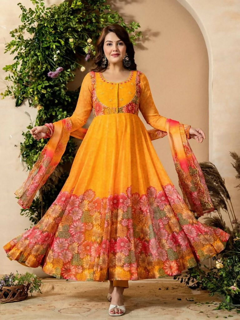 Teeya Creation Multi Color Organza Silk With Digital print With Embroidery Gown - Distacart