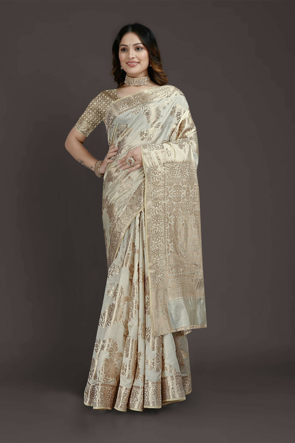 Off White Pure Raw Silk Zari Woven Saree with Unstitched Blouse Piece - Alisha