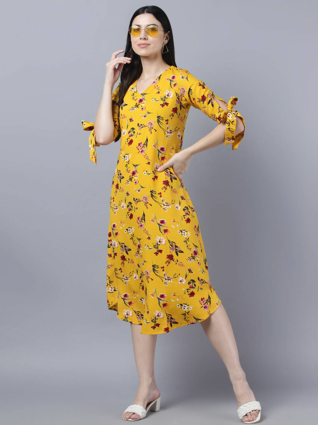 Myshka Women Yellow Floral Printed Flared Sleeves Thread Work Crepe Kurta - Distacart
