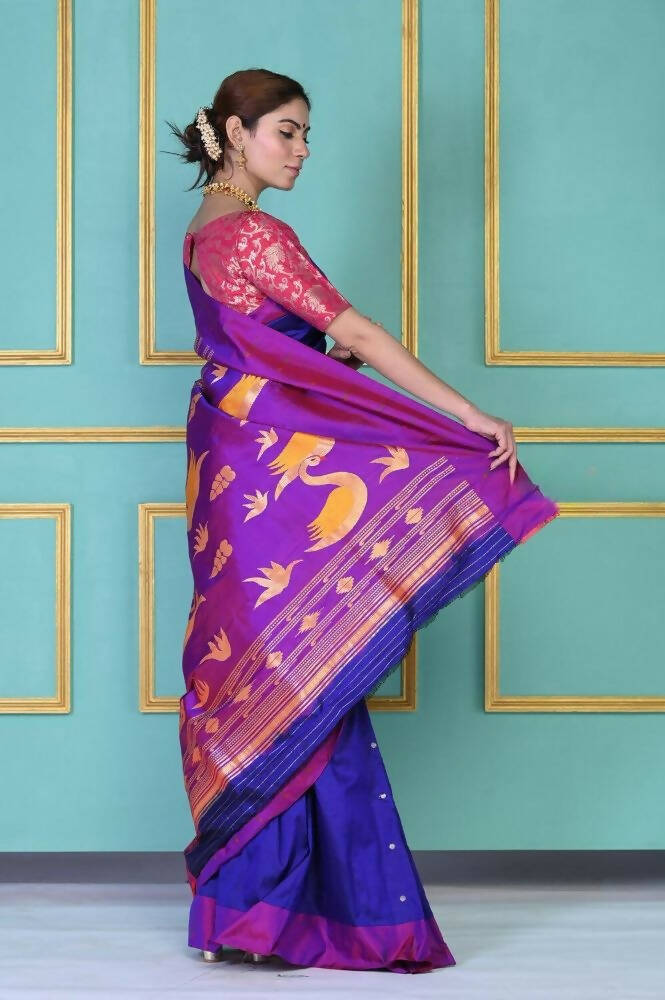 Very Much Indian Handloom Pure Silk Dark Violet Muniya Border Paithani - Distacart