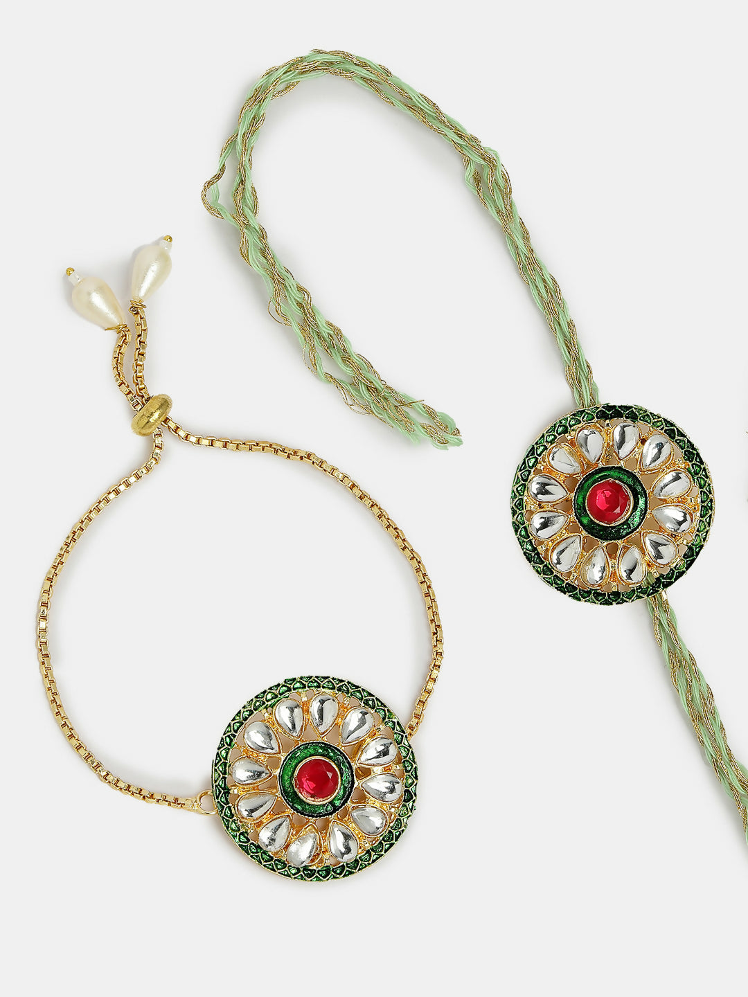NVR Women & Men Set of 2 Gold Kundan-Studded Handcrafted Wraparound Rakhi Set With Roli Chawal - Distacart