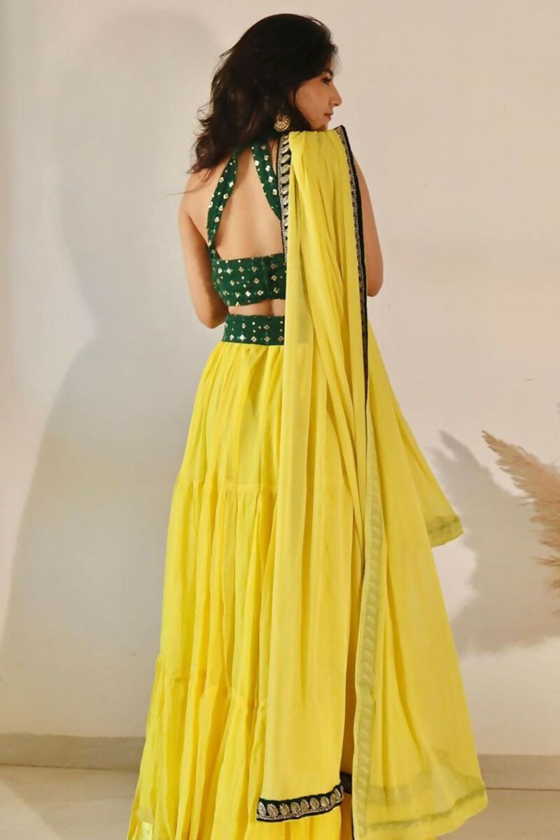 Jyoti Fashion Yellow Three Lair Frill Georgette Lehenga Choli with Dupatta