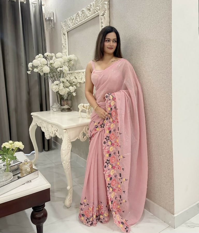 Pink Shimmer Silk Multi Thread Sequence Embroidery Work Saree - Kashta