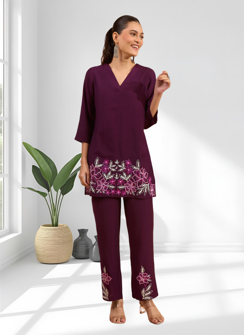 Joban Fashion Wine Silk Embroidered Readymade Cord Set - Distacart