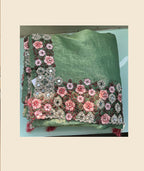 Green Banarasi Crush Silk Thread, Sequence, Cord Embroidered with Stone & Mirror Work Saree - Mohmanthan Dakshika - Distacart