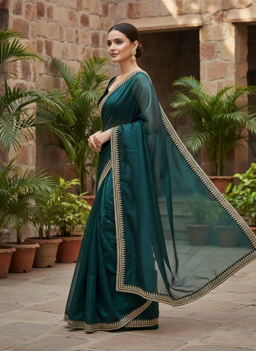 Joban Fashion Petrol Soft twill Net Party Wear Sarees - Distacart