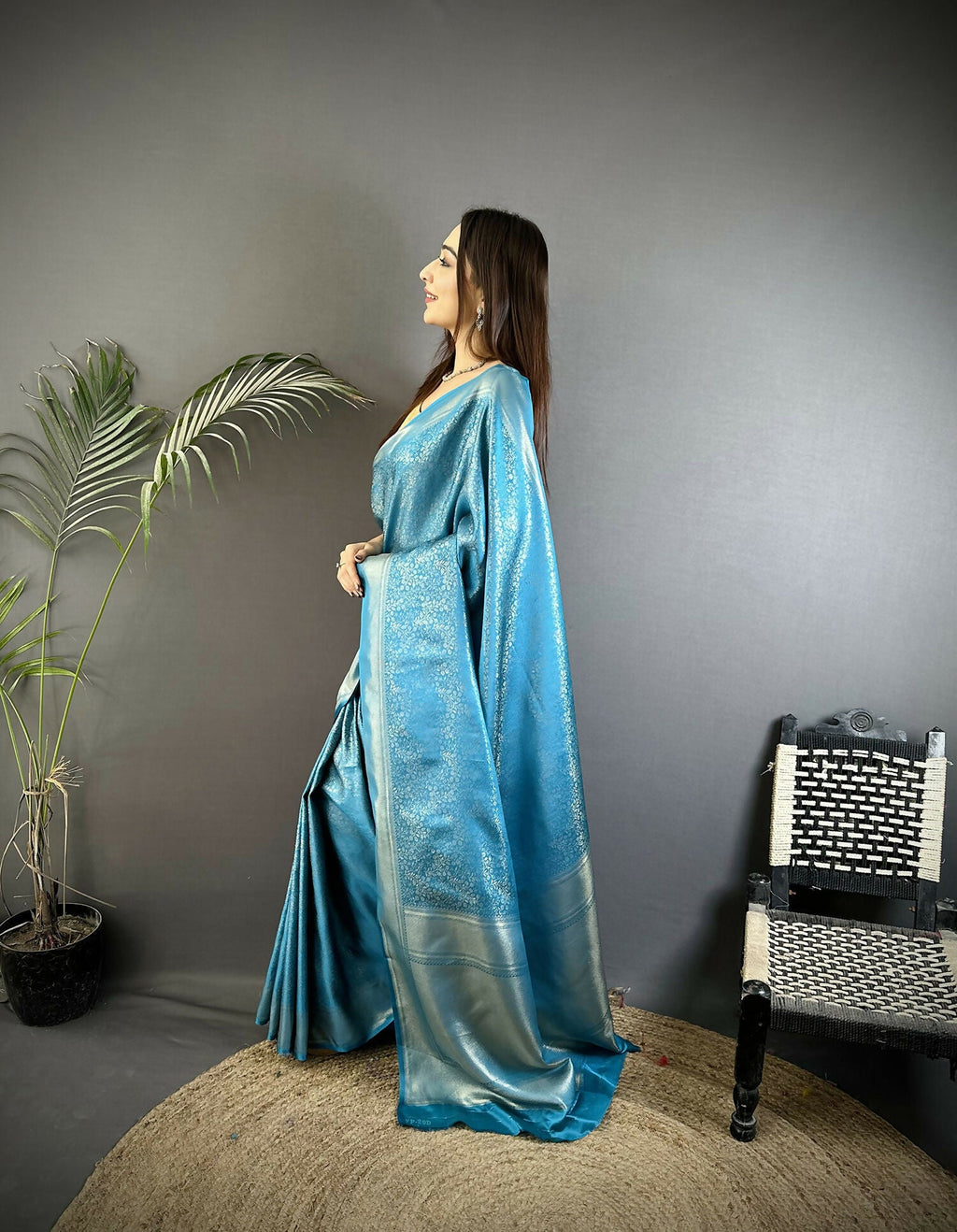 Joban Fashion Ocean Blue Floral Motifs & Ethnic Design Soft Satin Silk Kanchipuram Saree - Distacart