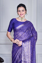 Morchari Dark Blue Script Printed Orzanga Saree Unstitched Blouse - Distacart