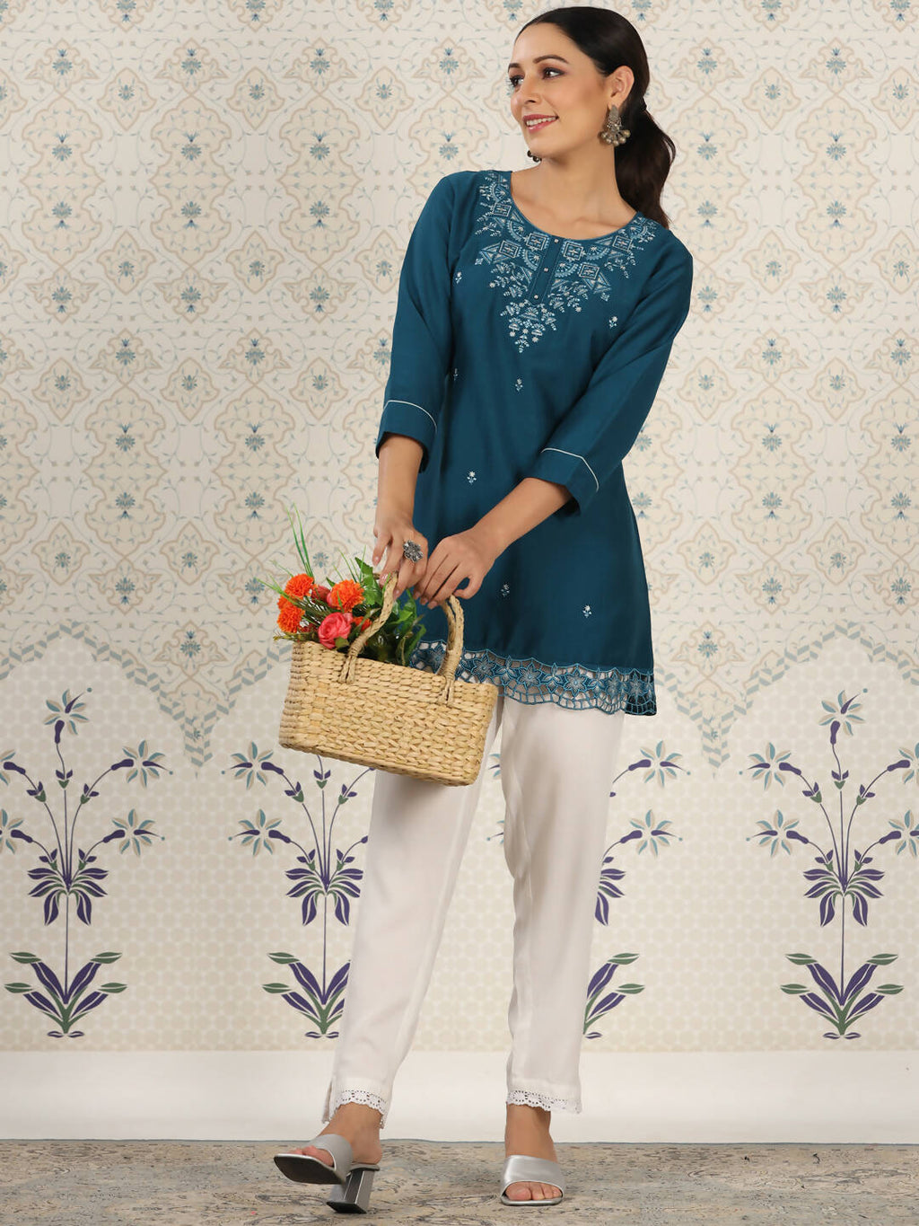 Teal Chinon Embroidered Straight Top - Zeny