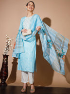 Myshka Women Blue Printed Kurta & Trousers With Dupatta - Distacart