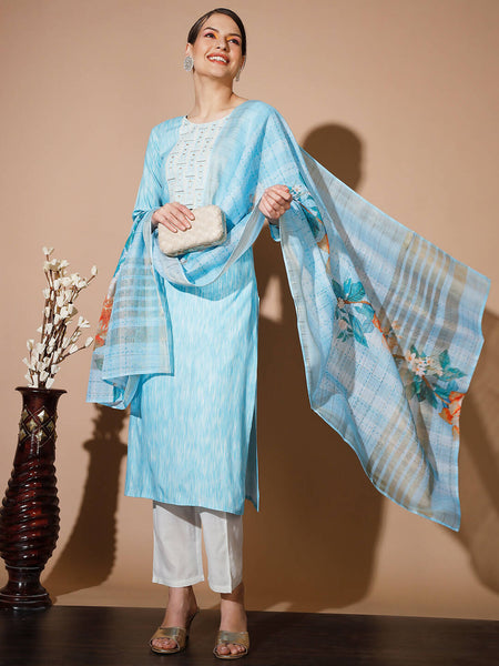 Myshka Women Blue Printed Kurta & Trousers With Dupatta