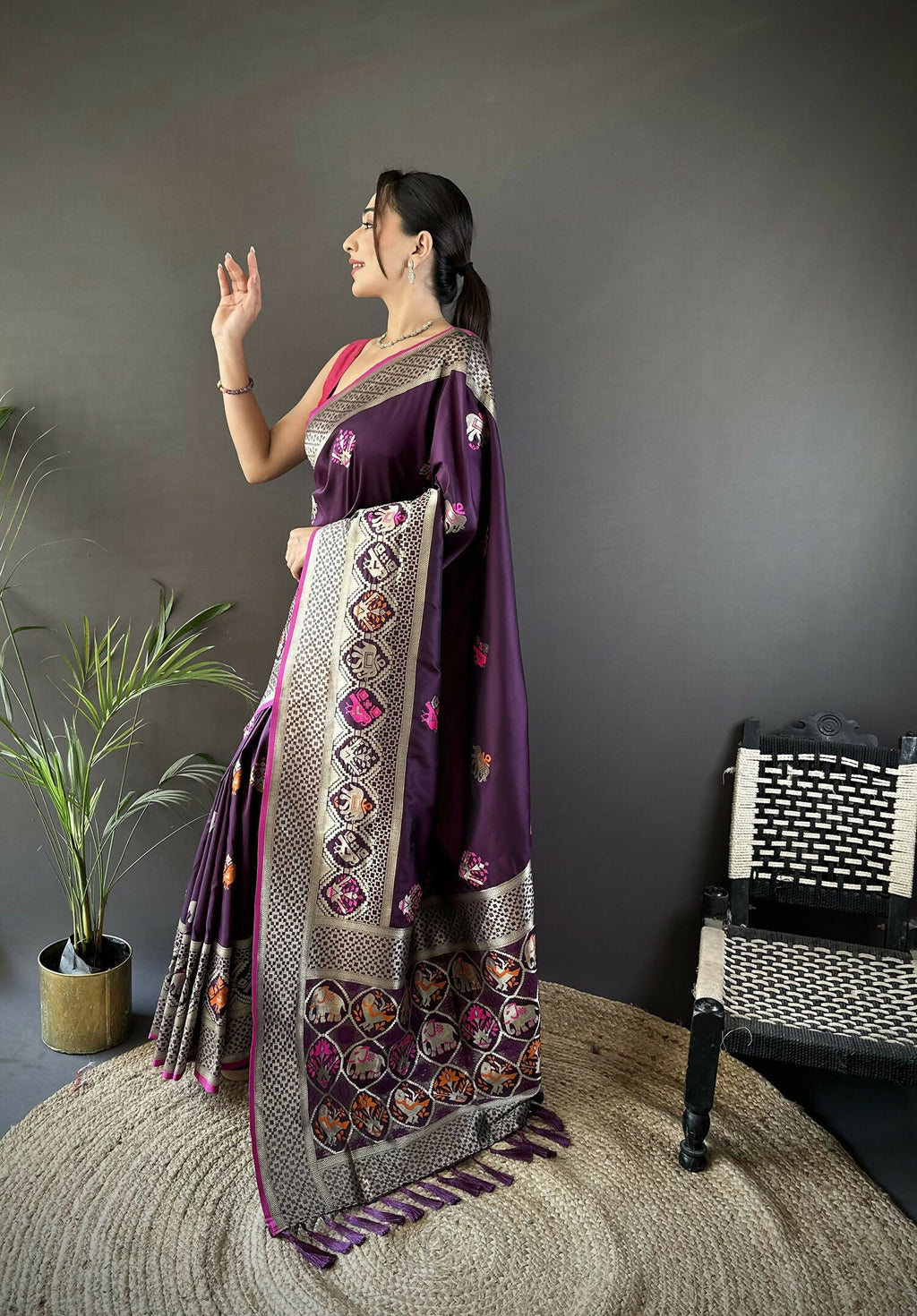 Joban Fashion Wine Elephant & Floral Motifs Soft Lichi Silk Banarasi Saree - Distacart