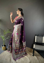 Joban Fashion Wine Elephant & Floral Motifs Soft Lichi Silk Banarasi Saree - Distacart