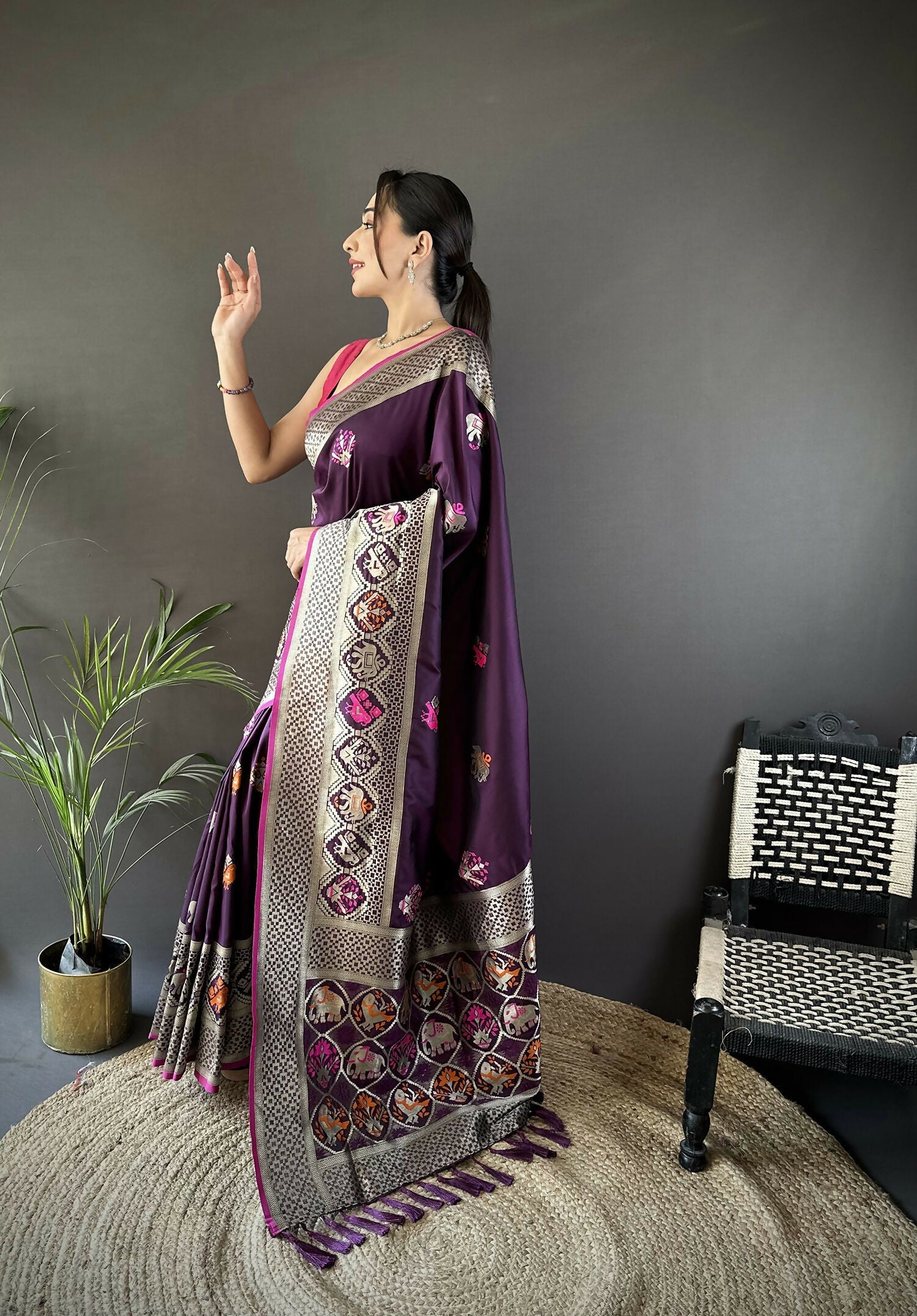 Joban Fashion Wine Elephant & Floral Motifs Soft Lichi Silk Banarasi Saree - Distacart