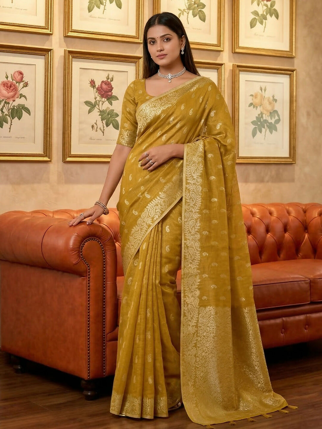 Shree Shyam Fashion Mustard Tissue Silk Saree - Distacart