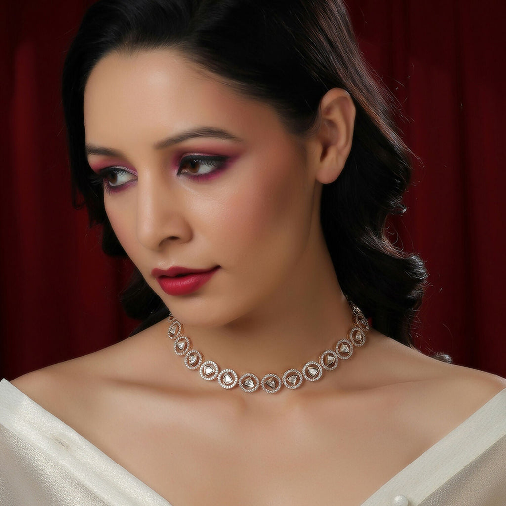 Patti Shapped Kundan and Round Diamond Neckpiece (Gold) - Ruby Raang
