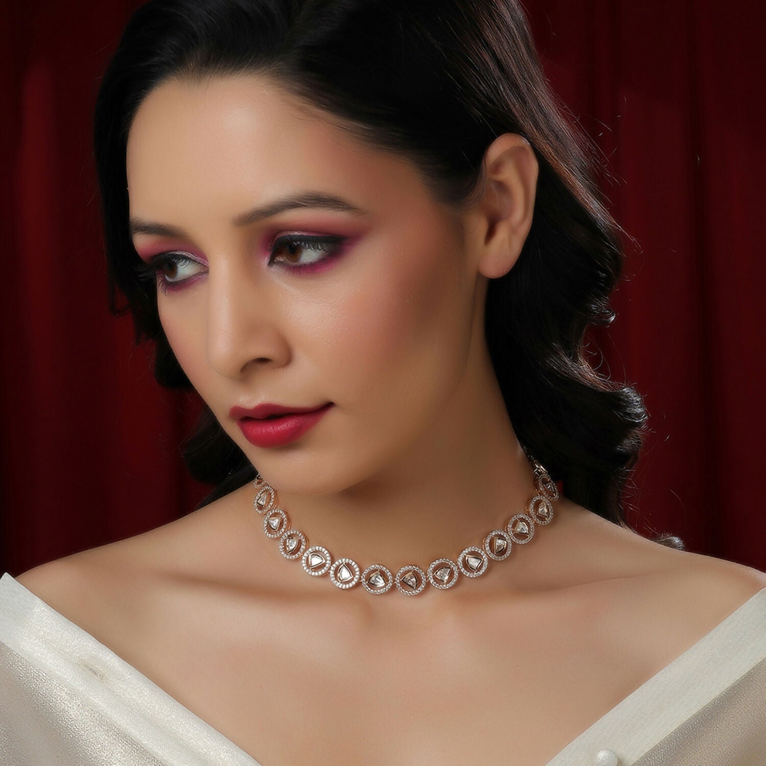 Patti Shapped Kundan and Round Diamond Neckpiece (Gold) - Ruby Raang