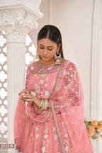 Eilara Women'S Peach Butterfly Net White Cotton Thread And Zari Sequence Embroidered Work Lehenga Choli For Party Wear