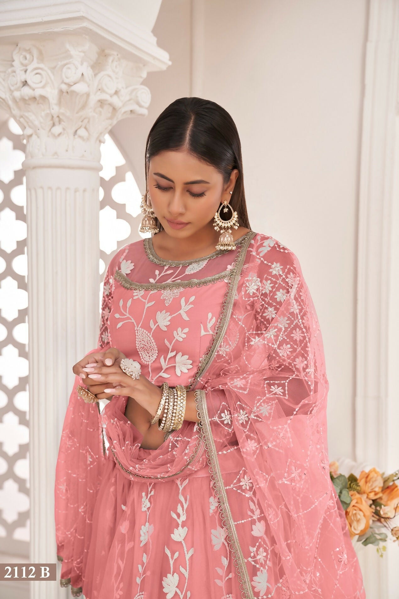 Eilara Women'S Peach Butterfly Net White Cotton Thread And Zari Sequence Embroidered Work Lehenga Choli For Party Wear
