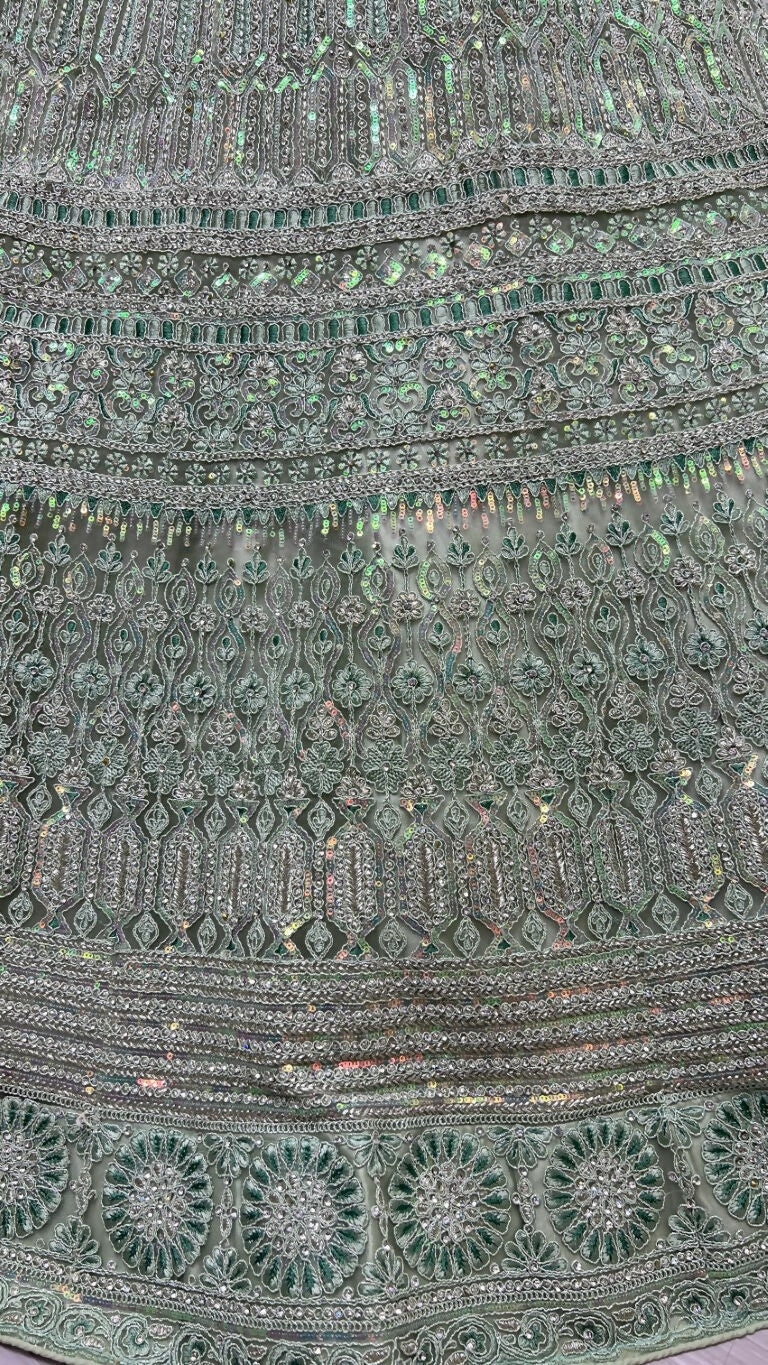 Jyoti Fashion Women's Pista Green Heavy Net Fancy Dori, Multi Thread, Rainbow Sequins and Diamond Work Wedding Lehenga Choli