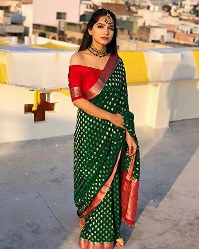DEIANA'S Beautiful Designer Golden zari Soft Lichi Silk Saree - Green