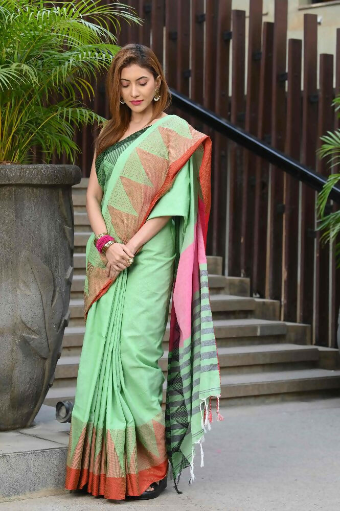 Beatitude Green Cotton Temple Border Handloom Saree