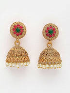 NVR Women's Set Of 2 Green & Red Stone Studded & Beaded Gold-Polished Temple Jewellery Set