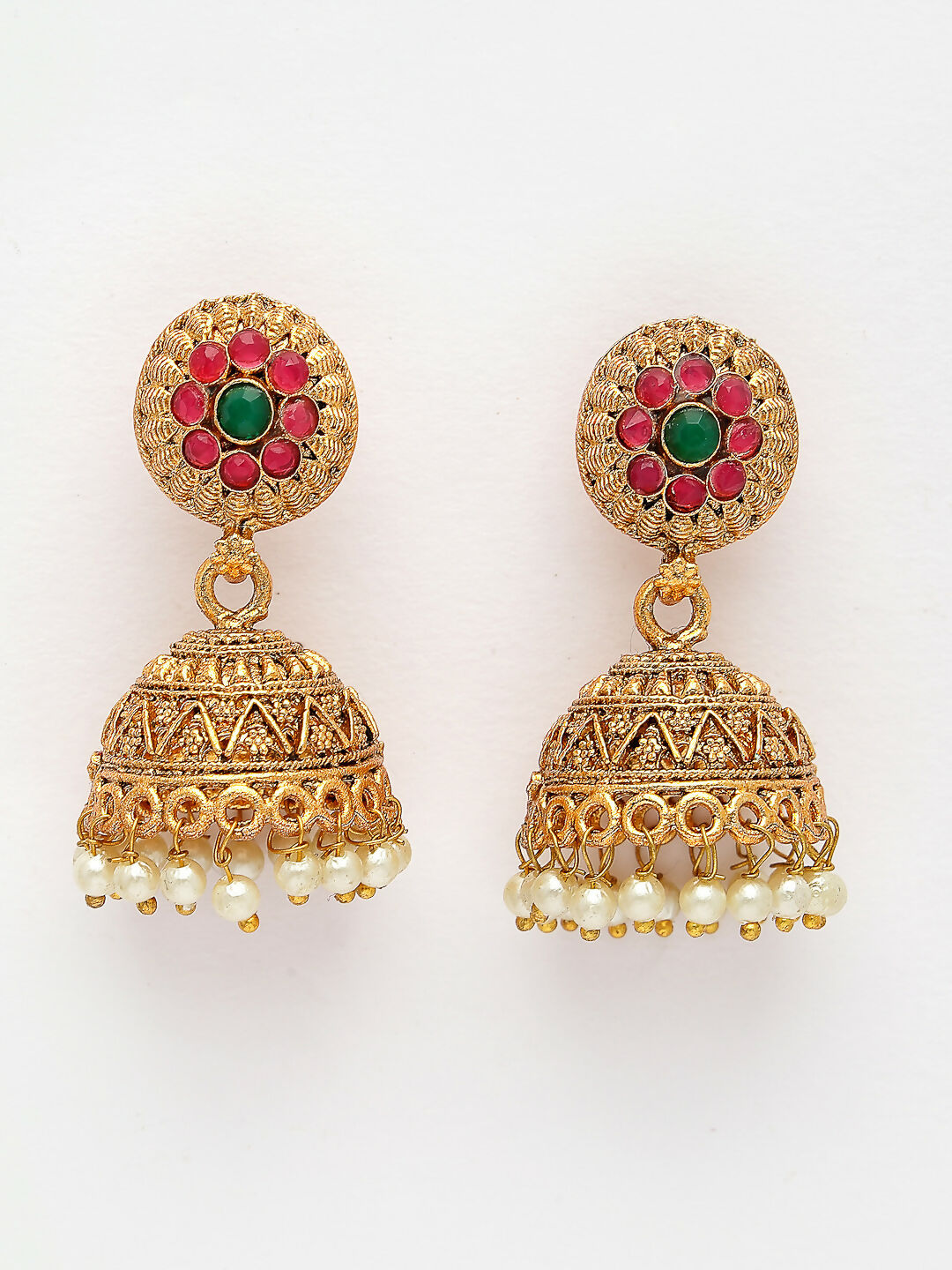 NVR Women's Set Of 2 Green & Red Stone Studded & Beaded Gold-Polished Temple Jewellery Set