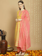 Jyoti Fashion Women's Yellow Chanderi Silk Elegant Jardoshi Semi Kurta with Trouser & Dupatta