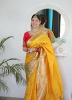 Yellow Woven Jacquard Designer Embroidery Work Party Wear Saree - Parampara